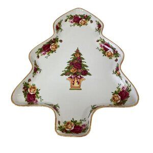1962 Royal Albert Old Country Roses Christmas Tree Shaped Serving Dish Gold Trim